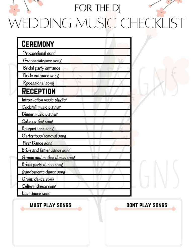 Wedding Music Checklist Template Wedding Planning Wedding Organization Wedding Printable Digital Download Flowers Floral Elegant