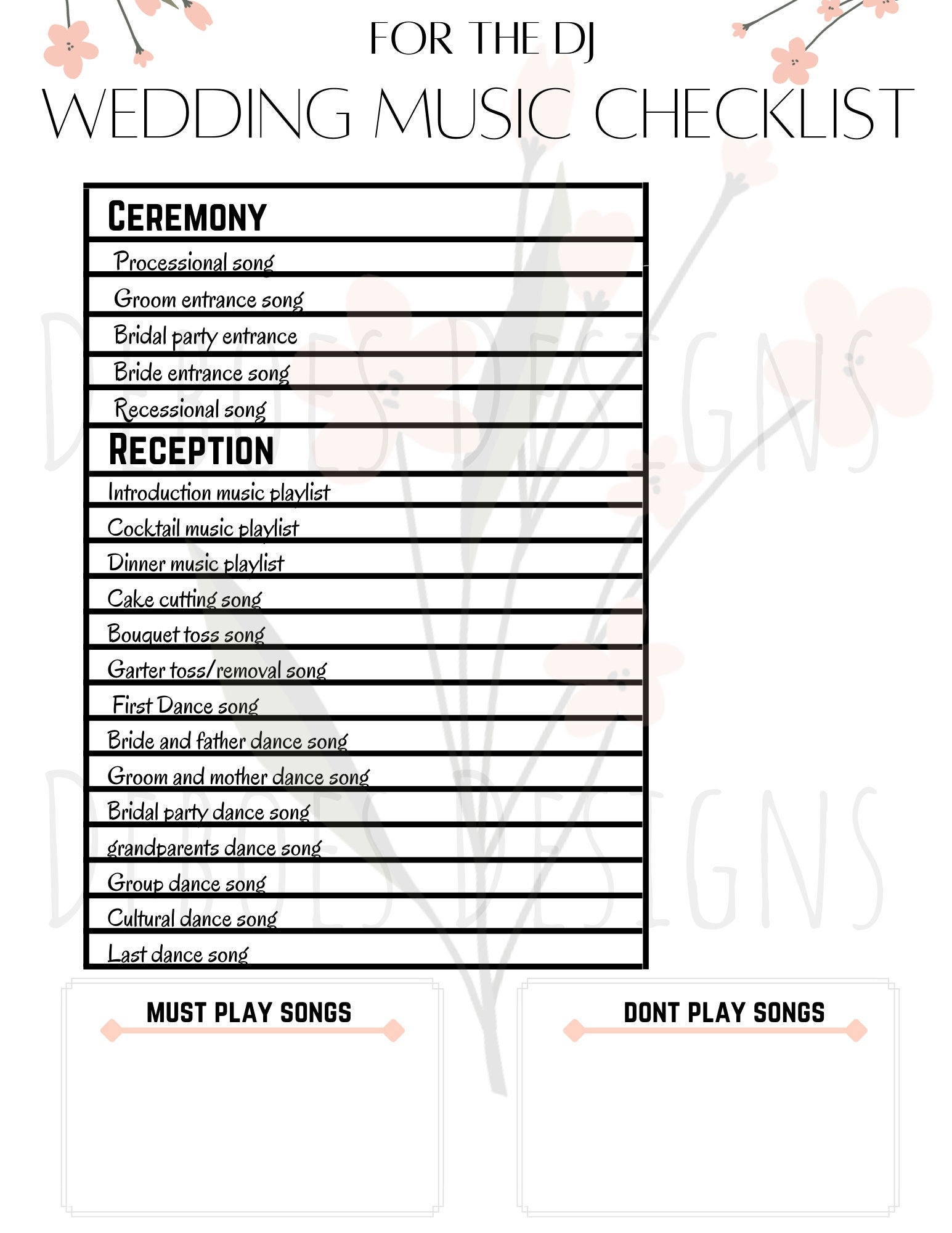 Wedding Music Checklist Template Wedding Planning Wedding Organization Wedding Printable Digital Download Flowers Floral Elegant Etsy UK