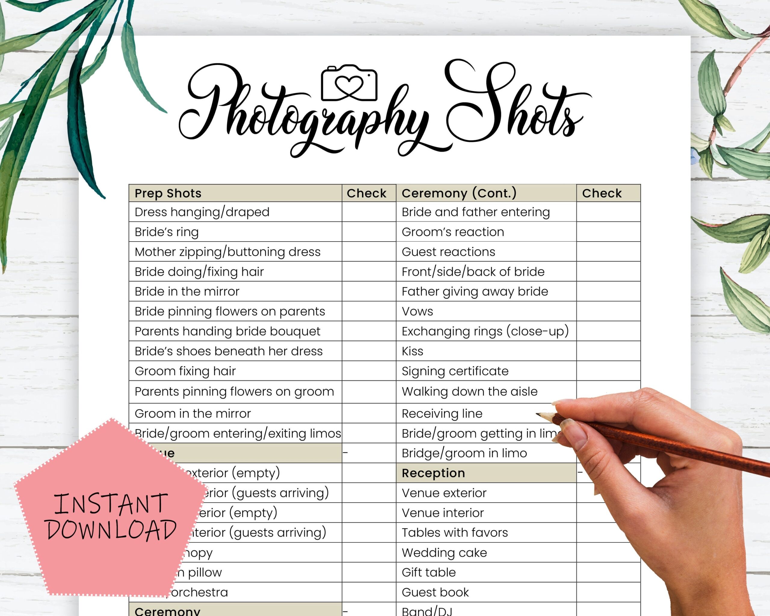 Wedding Photographer Shot List Template