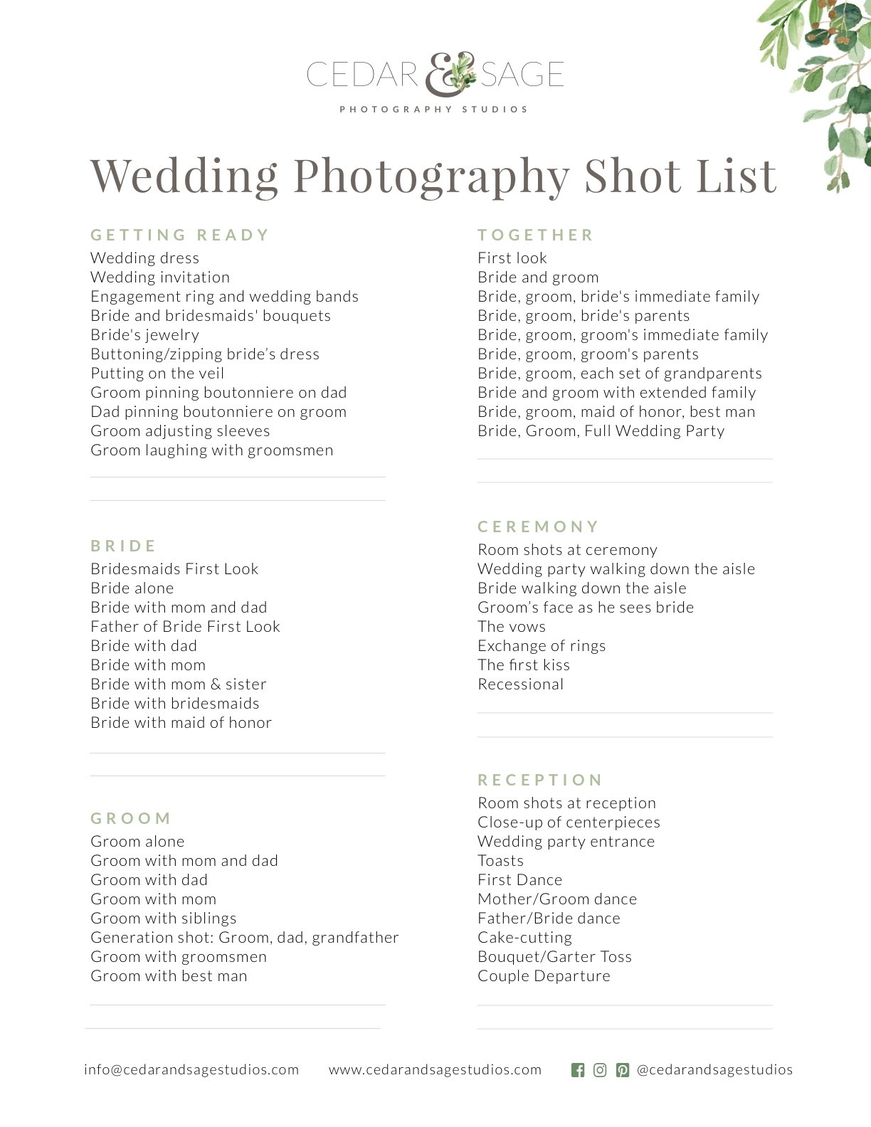 Wedding Photography Shot List Cedar U0026 Sage Studios Blog