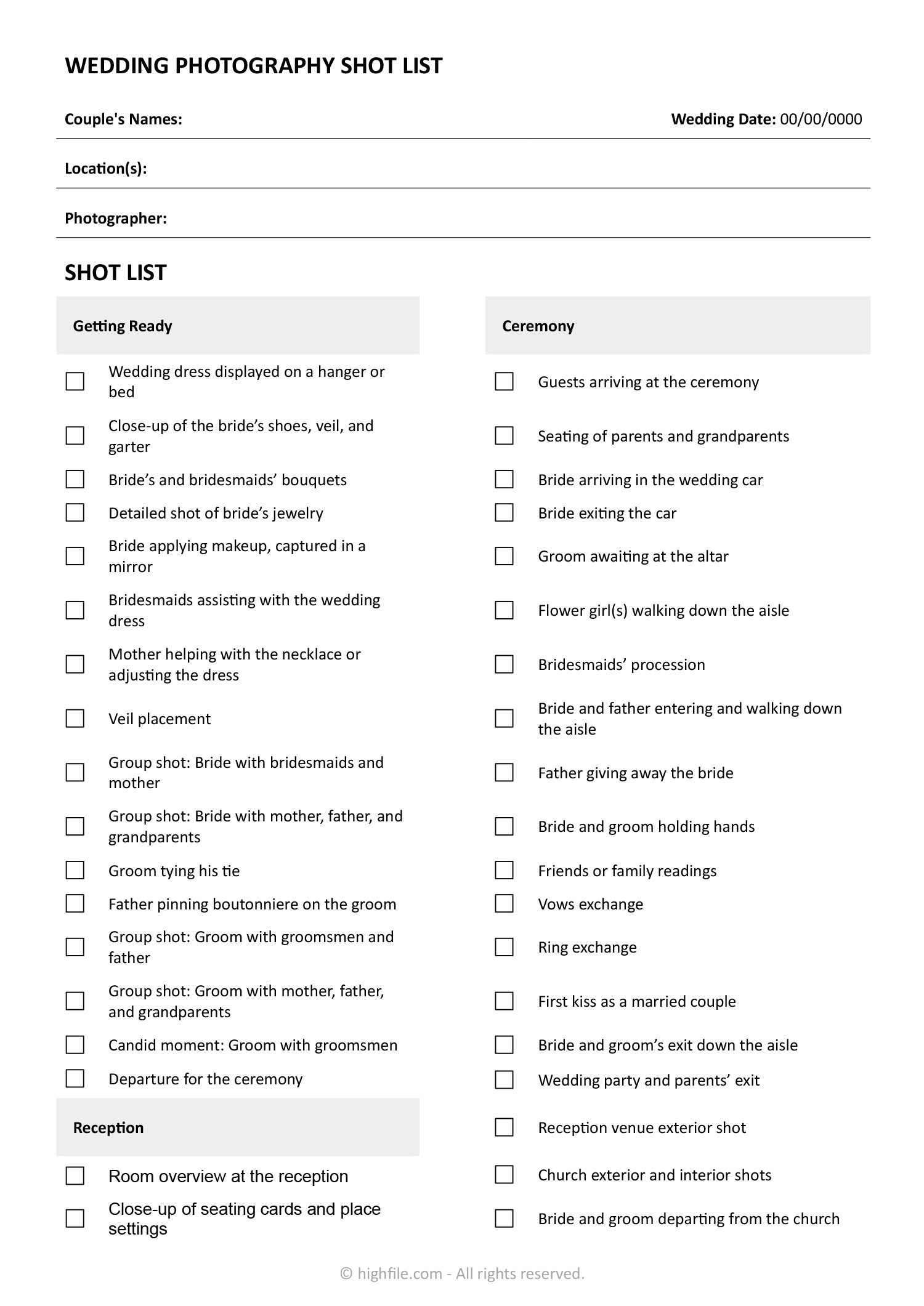 Wedding Photography Shot List Word Google Docs Highfile