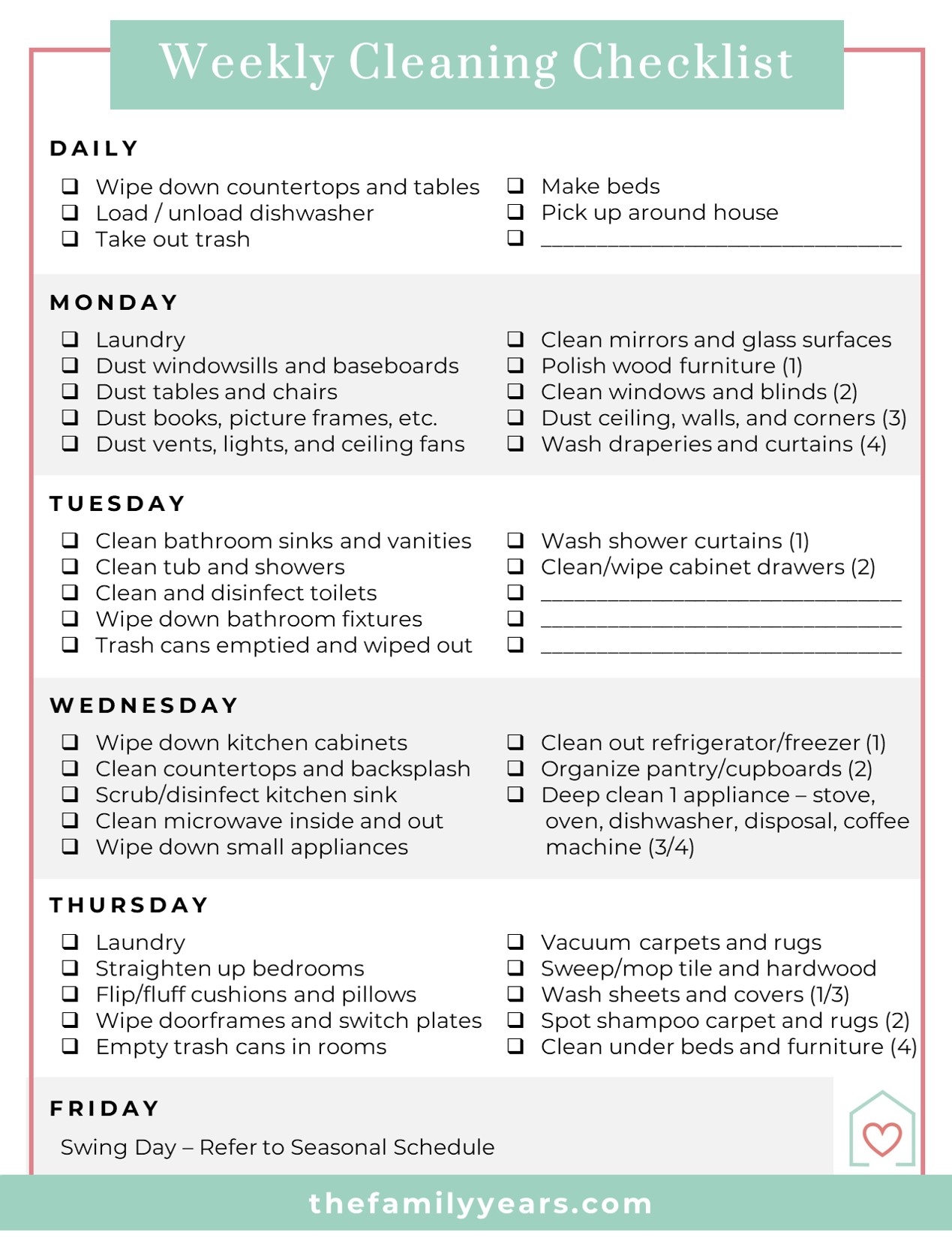 Weekly Cleaning Schedule Free Checklist Template