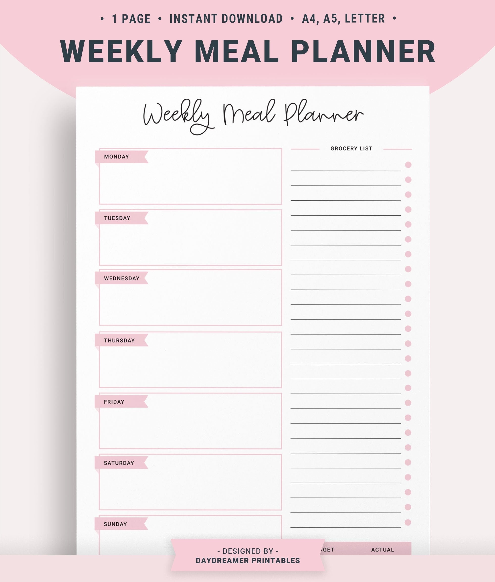 Weekly Meal Plan Printable Meal Planner Template Grocery List 