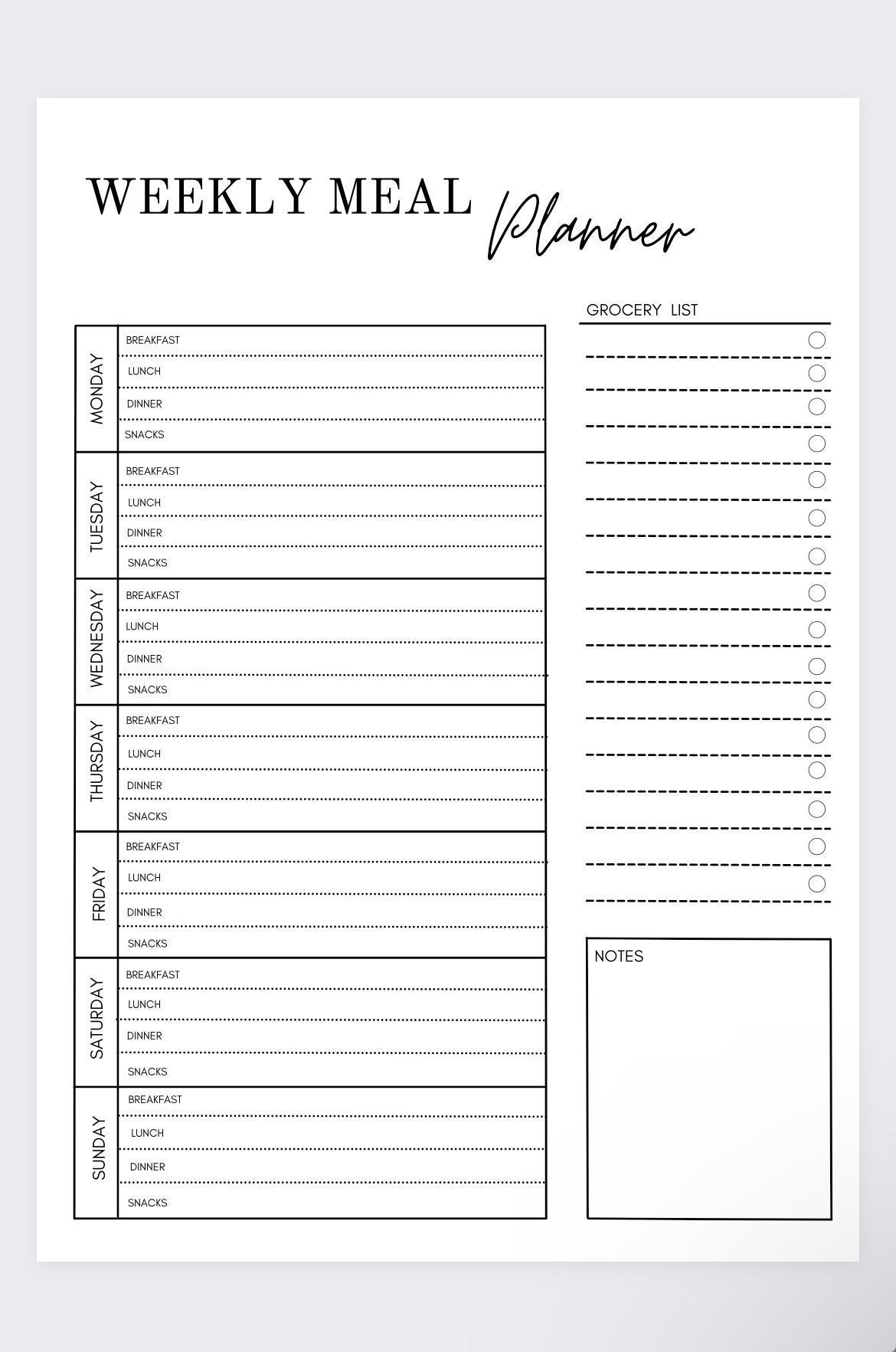 Weekly Meal Planner Grocery List meal Planning Template meal Prep menu Planner meal Planner Template meal Planner meal Planning PDF Etsy