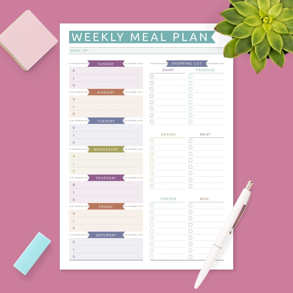 Weekly Menu Planner U0026amp Grocery List Colored Template Printable PDF