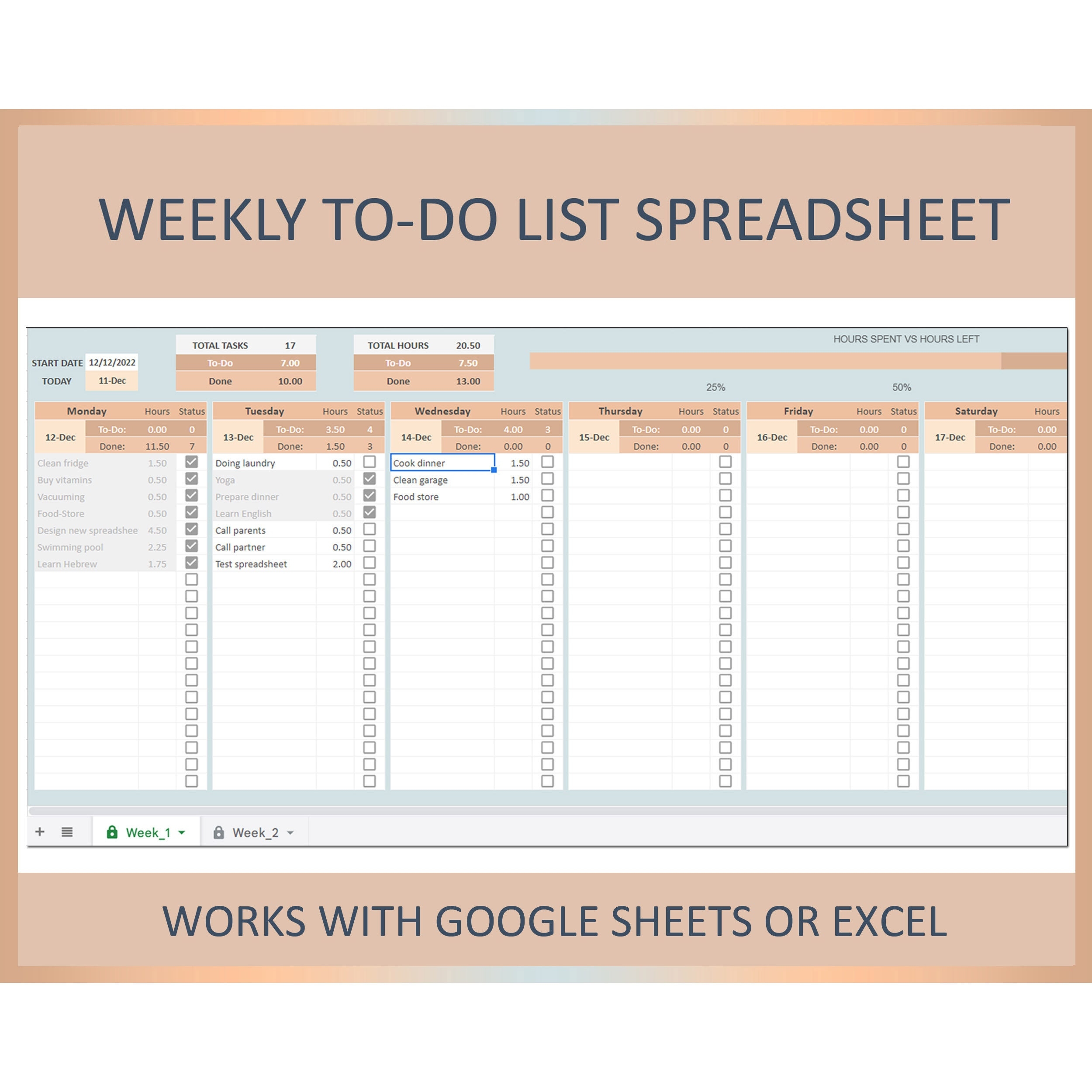 Weekly To Do List To Do List Template To do List Excel To Do List Google Sheets Weekly Task Tracker Time Management Weekly Task List Etsy