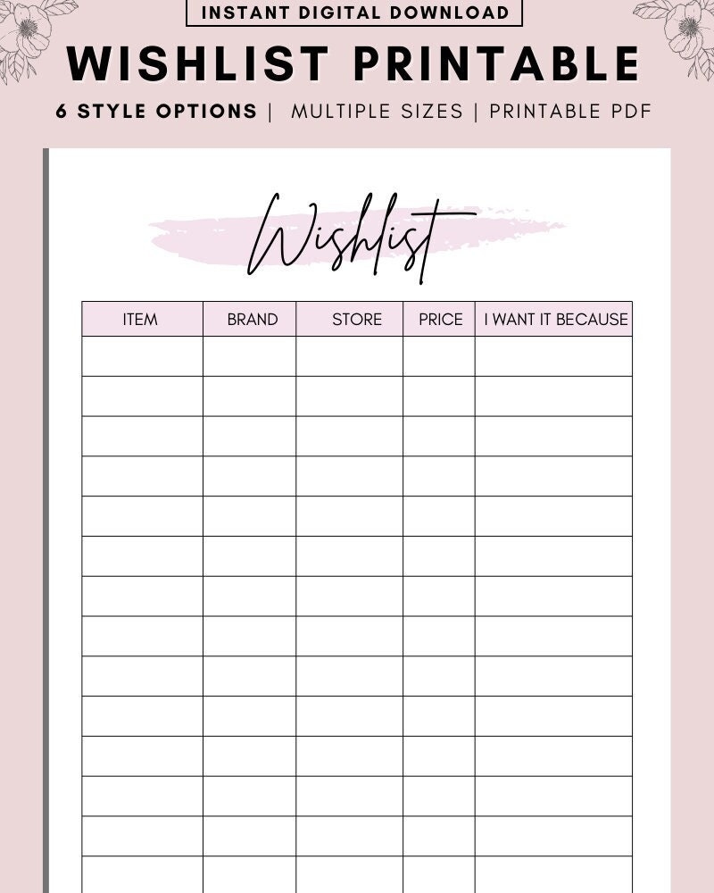 Wishlist Printable Wishlist Insert Printable Tracker Template Christmas Birthday Holiday Shopping Wish List Gifts For Me Make A Wish Etsy