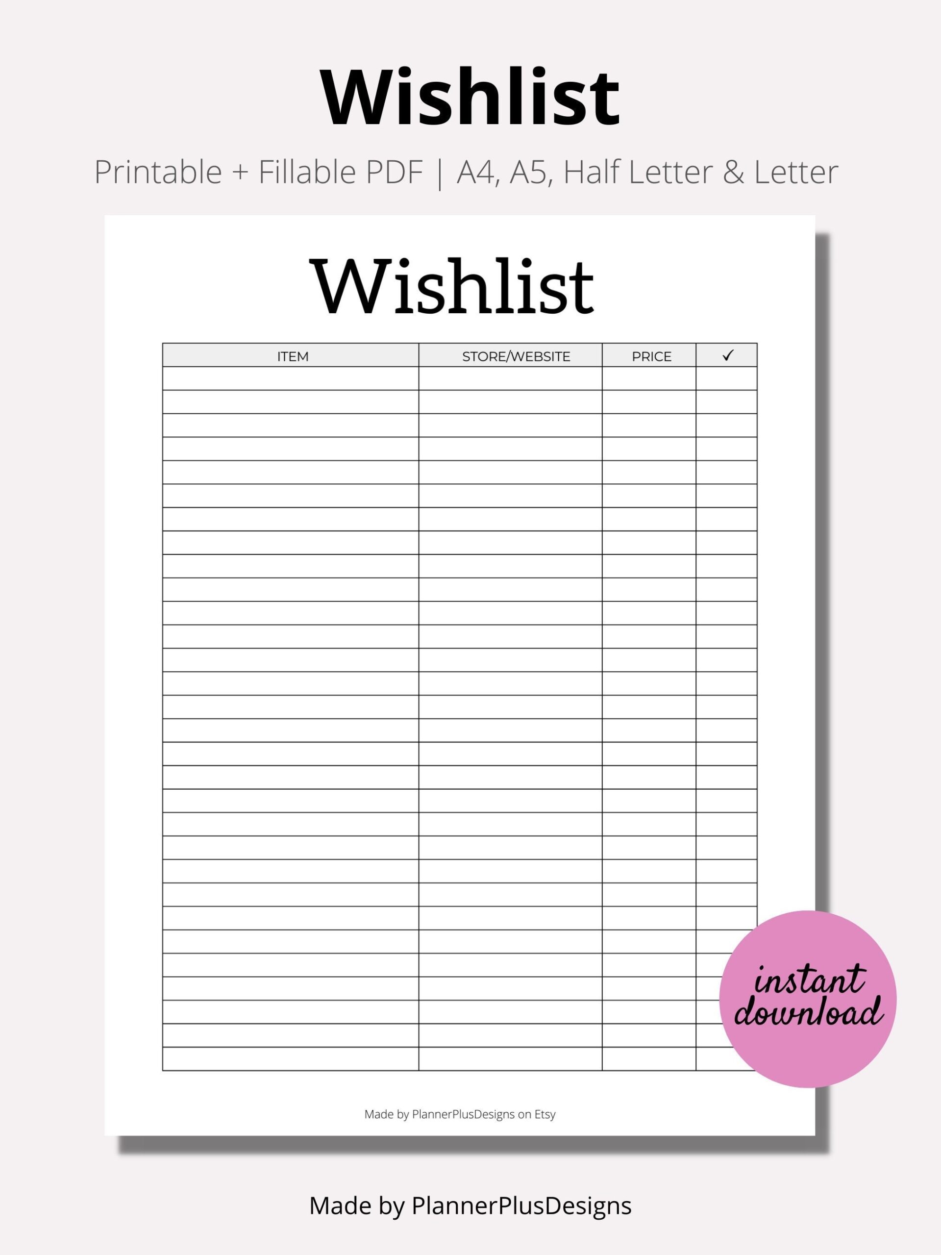 Wishlist Printable Wishlist Printable Tracker Template Shopping Wish List Printable INSTANT Download PDF Items To Buy a4 A5 Half LETTER Etsy