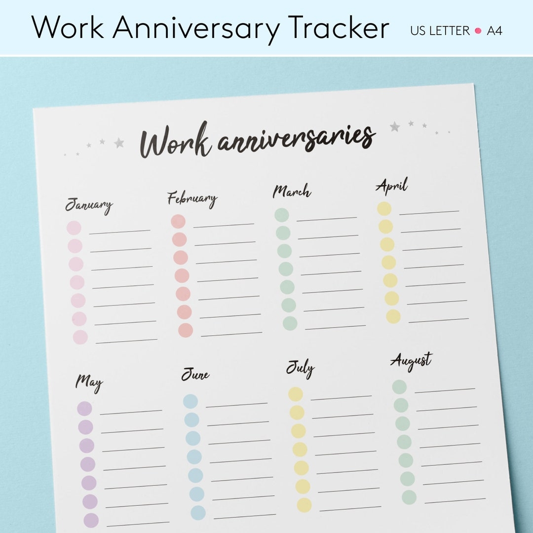 Work Anniversary Printable Template Employee Anniversary Tracker Work Anniversary Calendar Employee Anniversary Tracker HR Templates Etsy